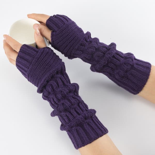 Women's Winter Warm Over Elbow Long Fingerless Knitted Half-Finger Open Purple KLB