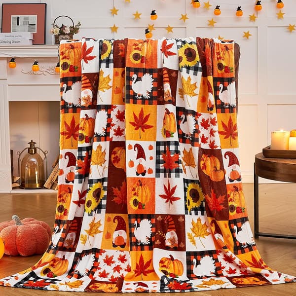 Høstteppe, gresskarblad høstpleddteppe for sofa seng sofa, oransje rutete teppe for høst, (127 x 152 cm)