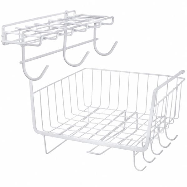 Under Cabinet Wire Basket, 5 Hooks, Paper Towel Holder, White, Kitchen Storage Organizer White