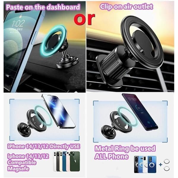 Magnetic Car Phone Holder MagSafe Compatible 360° Rotating Dashboard or Air Vent Mount for All Smartphones