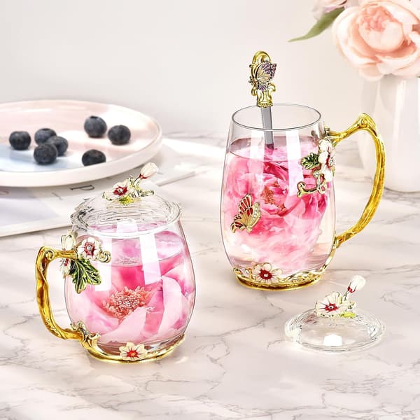 Glass Flower Glass Tea & Coffee Cup with Spoon, Lid 400ml