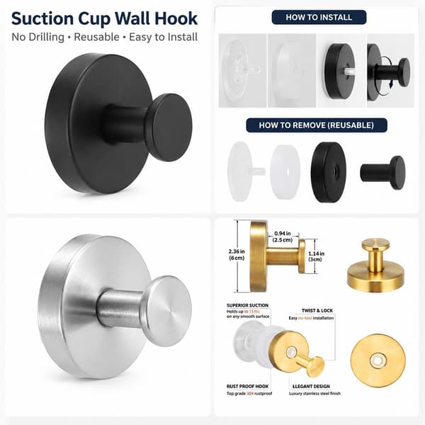 Stainless Steel Suction Cup Hook, No Drilling, Traceless, for Kitchen Bathroom, Gold, 1-Pack