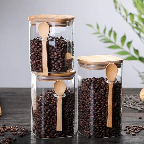 Glass jar with bamboo lid and spoon, airtight, transparent, square