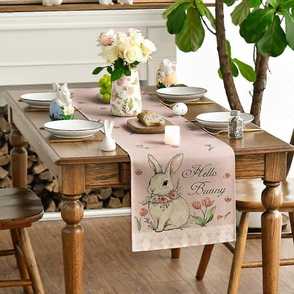 Pink Bunny Eucalyptus Tulips Easter Table Runner 13x72 Inch Spring Floral Kitchen Dining Decor Easter Party Table Decoration (FMY)