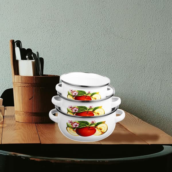 3 Pcs Small Enamel Pots, Flat Bottom Cookware, Enamel, Lightweight, One-Handed