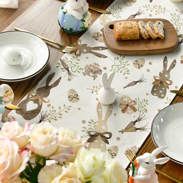 Patterned Rabbit Eucalyptus Egg Carrot Easter Table Runner, Seasonal Spring Kitchen Table Decoration for Home Party Decor 33×183cm