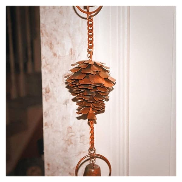 Pine Cone Rain Chain, Decorative Pine Cone Hanging Chain with Antique Graffiti, Metal Iron Bells