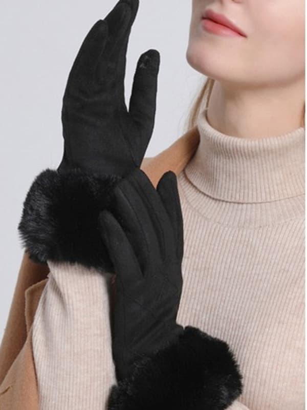 Dame vintermode varme touchscreen-handsker dame elegante bløde tynde fleece vindtætte ruskindshandsker, sort