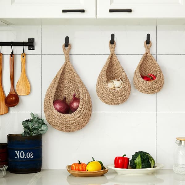 Hanging Wall Basket Teardrop Shaped Hanging Baskets Onion Basket Cape Bohemian Storage Fruit Wall Hooks for Kitchen 3 Sizes (Light Linen)