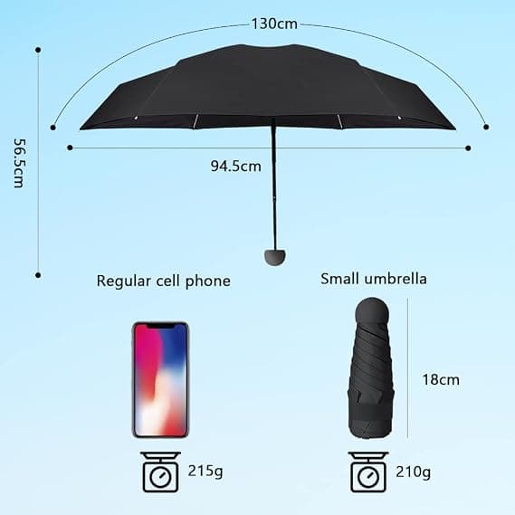 Mini Umbrella with Capsule Case, Pocket Umbrella, 6 Ribs Lightweight Compact Folding Umbrella Windproof Rain and Sun Umbrella, Black