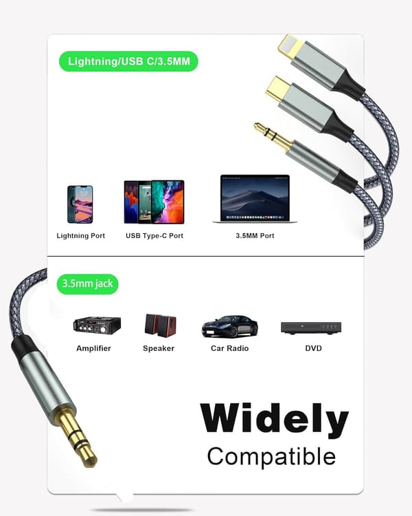 3M USB C til Aux Audio Kabel Bil 3,5 mm Nylon Kabel, Jack Kabel (3 i 1 Kabel) til Hovedtelefoner, Smartphone 3m 3m
