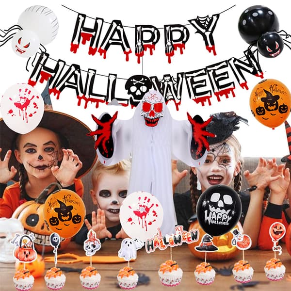 Halloween Dekorationssæt - Sorte orange balloner og Happy Hallo