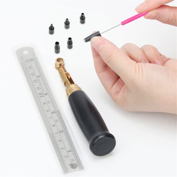 Adjustable Screw Punch, 6 Tip Sizes, Belt Hole Punch, Wooden Handle, Leather Hole Punch Tool for Sewing Black Leather