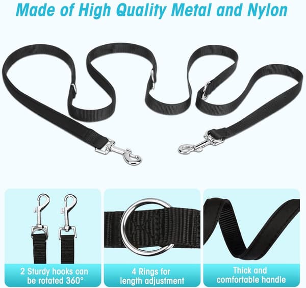 Handsfree Adjustable Dog Leash, 243 cm Double Handle Nylon Training Leash with Strong Clip for Walking, Running, Hiking, Black