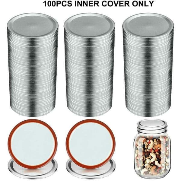 100 Pcs Canning Jar Lids - 70mm Regular Mouth, Metal with Sealing Ring, Silver Design