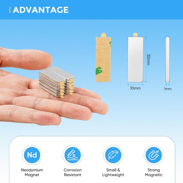 20 Pieces Self-Adhesive Strong Magnets 30x10x1mm, Flat Magnets with Self-Adhesion in Pairs, Rectangular Neodymium Magnets