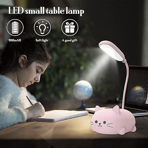 Søt Katte LED Skrivebordslampe - Fleksibel Arm, USB Oppladbar, Øyebeskyttelse (Hvit) Hvit White