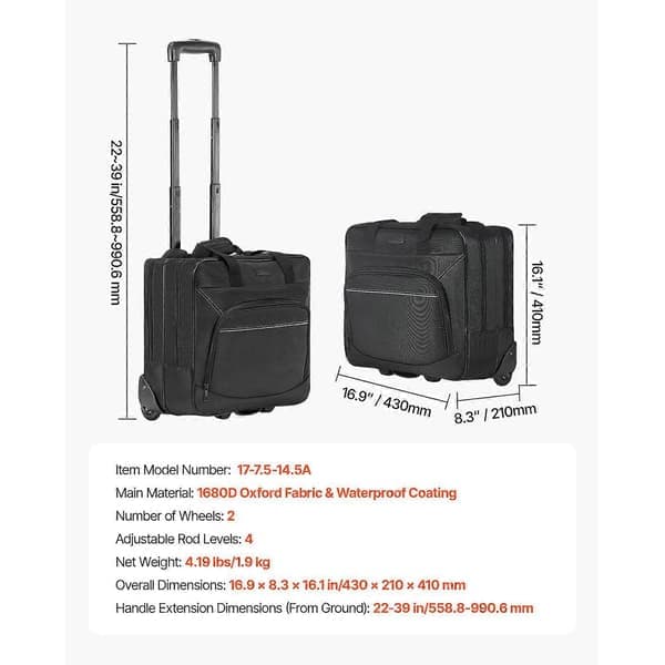 Rolling Laptop Bag with Wheels, Fits up to 15.6-inch Laptop, Rolling Briefcase with Telescopic Handle, Computer Bag