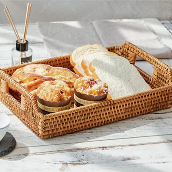 Handwoven Rattan Serving Tray with Handles for Breakfast, Drinks, Snacks for Dining Table/Coffee Table (43 cm, Rectangular)