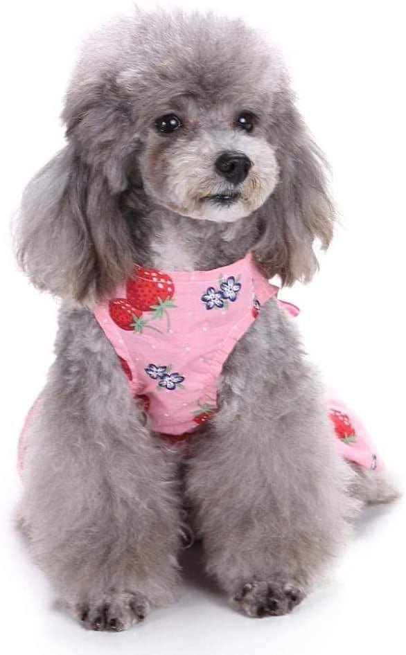 Cute Dog Dress with Strawberry Pattern and Bow Decoration, Durable and Practical, Size M