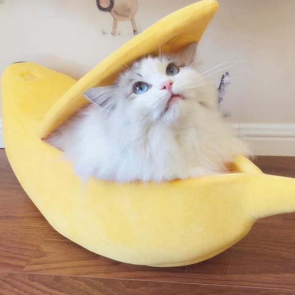 Lille kæledyrsseng Bananformet Fluffy Varm Blød Plys Åndbar Seng Banan Kattehule