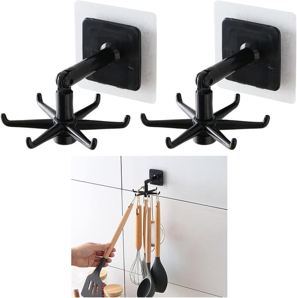 360-degree Rotating Kitchen Hook Rack with 6 Hooks, 2-pack, Drill-free Installation, Wall Organizer for Kitchen and Bathroom Storage