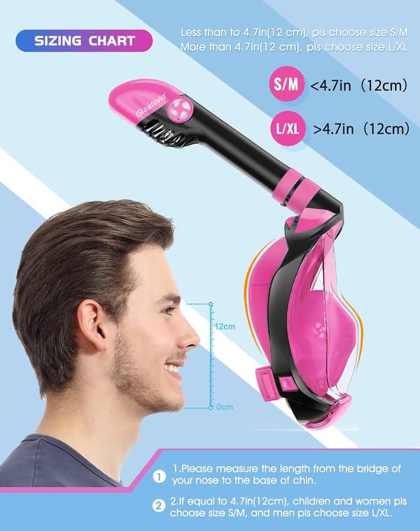 Full Face Snorkel Mask with Latest Dry Top System, Foldable 180 Degree Panoramic View Snorkeling Mask - Pink - L