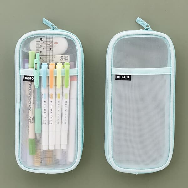 Mesh Pencil Case with Grid, Transparent, Simple, Green