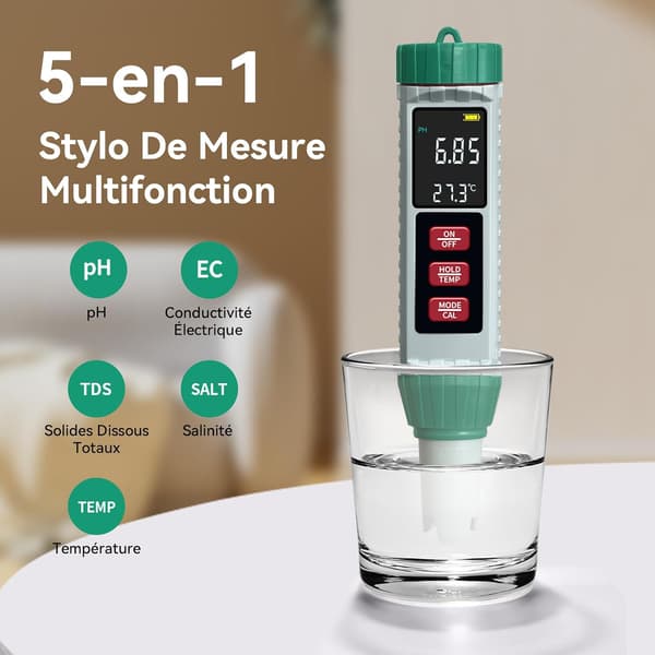 pH-måler (± 0,01), 5-i-1 PH, TDS, EC, saltholdighed, termometer, højpræcisions pH-tester til pool med baggrundsbelyst LED-display