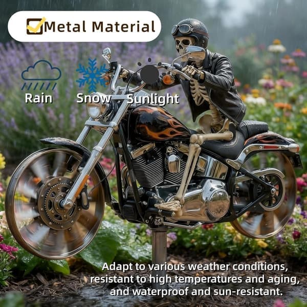 Motorcycle Skeleton Wind Spinner – Biker Skull Windmill with Spinning Wheels for Patio, Garden and Yard – Unique Resin Sculpture – Gift Idea