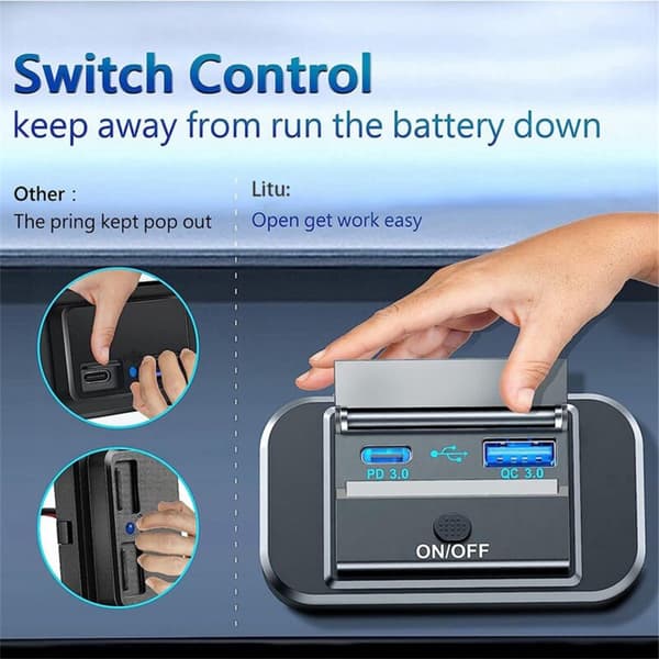 12-24V QC3.0 PD3.0 Porter Lader med Bryter Lading USB Strømpanel for Motorsykkel Bil Lastebil ATV