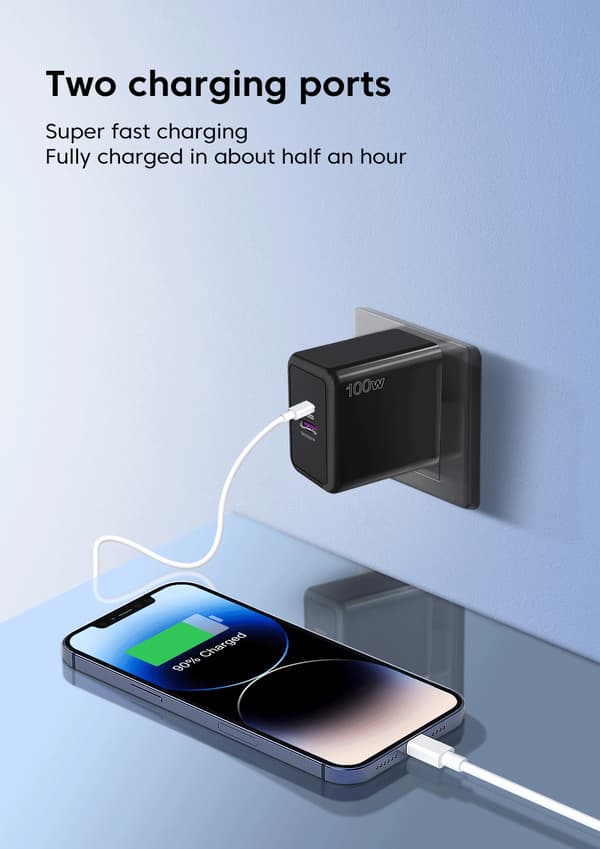 Oplader, hurtigopladning, 100W, PD + USB til iPhone, Xiaomi, Huawei, Redmi, Samsung