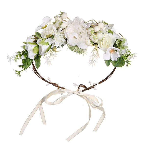 Blomsterkrans Krans Boho Blomster Hodeplagg Bryllup Blomsterkrans Girlander-4 (Hvit)