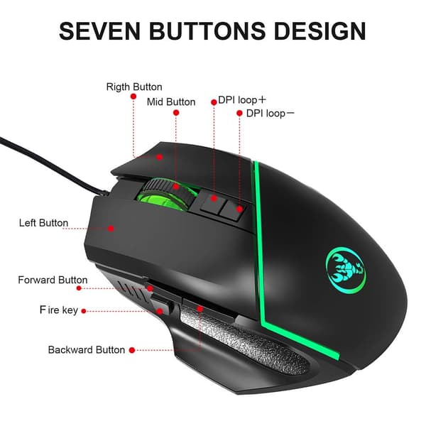 USB-kablet gamingmus med åndedrætslys, optisk gamingmus med 4 justerbare DPI til PC-bærbar, sort