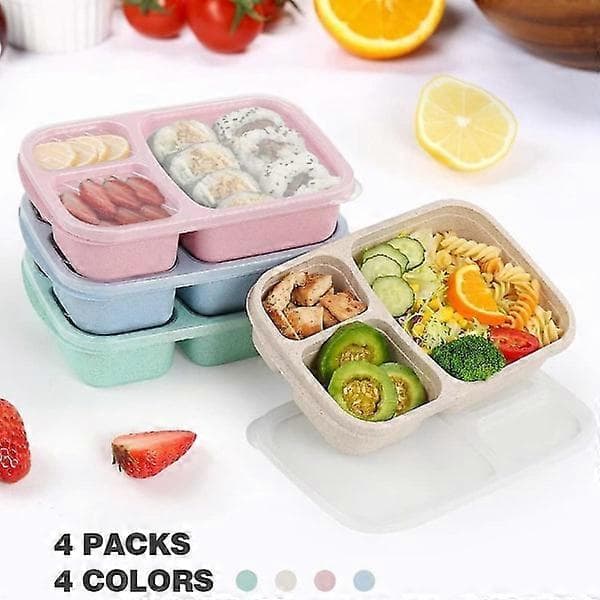 4-pakning matboks, matboks med 3 rom, matboks for barn, gjenbrukbar matoppbevaring