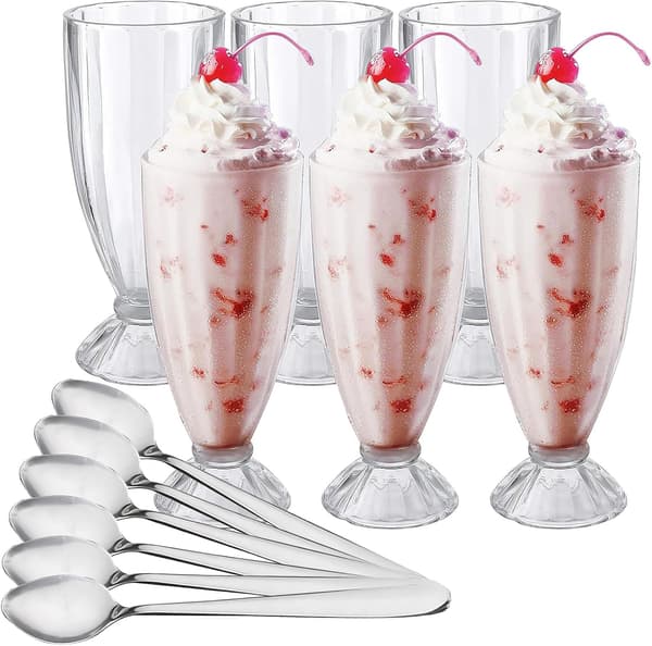 Sæt med 6 klassiske milkshakglas, 12 oz sundaekopper med skeer
