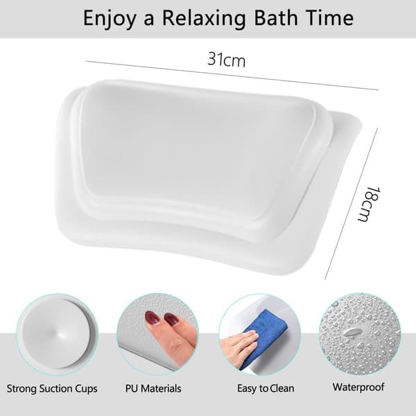 Waterproof Bath Pillow, 3D Ergonomic PU Neck and Head Support with 2 Non-Slip Suction Cups for Home Bathtub, White White