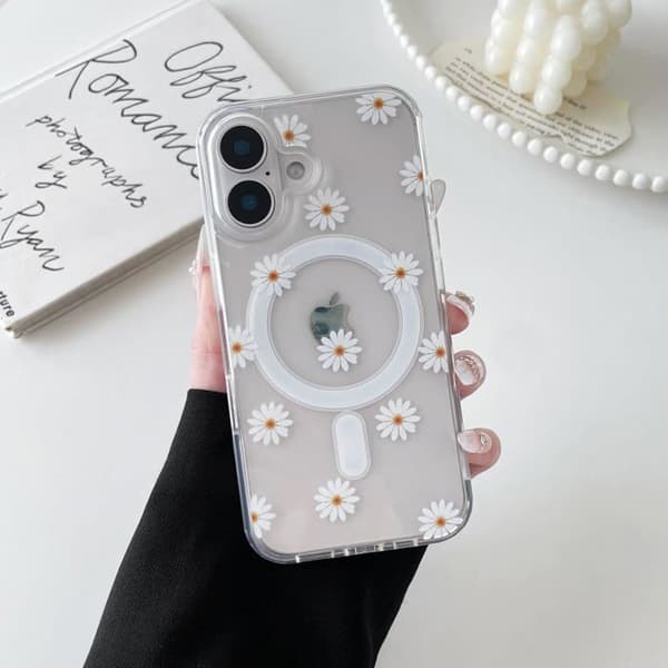 Transparent Magnetic iPhone 16 Case - Daisy Flower Design - Compatible with MagSafe Wireless Charging - Shockproof Protection