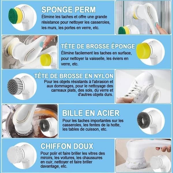 Electric Cleaning Brush - 5 Replaceable Brush Heads, 360° Scrubber, for Kitchen and Shower Cleaning