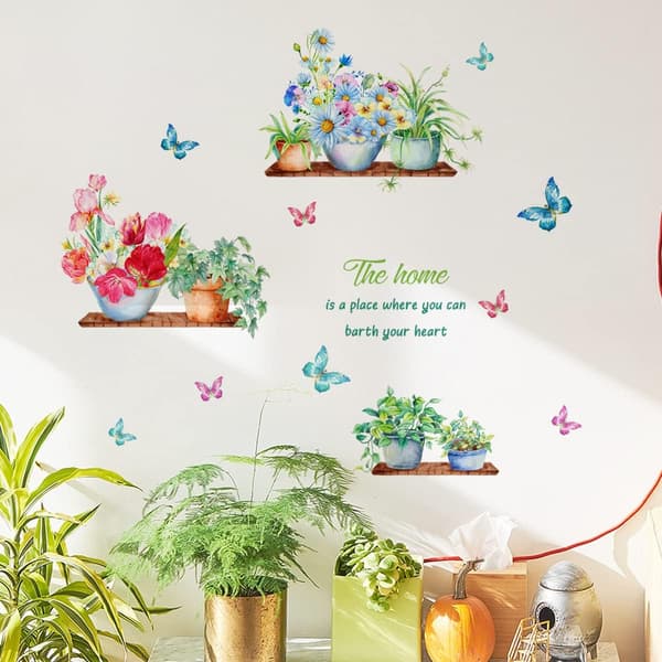 Wall Stickers Green Potted Plants Butterfly Flower Plant Wall Decal