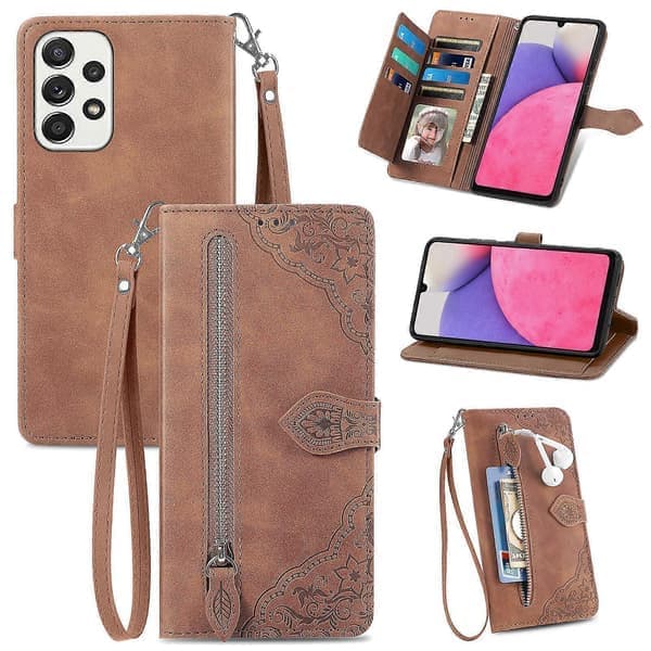 Futteral til Samsung Galaxy A33 5G Lommebokfutteral med glidelås, snor, crossbody-halsrem - [D] Brun