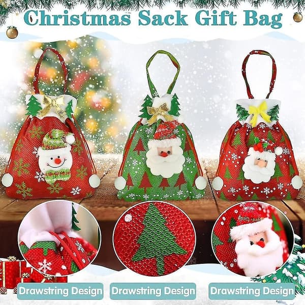3-pack julklappspåsar, julgodispåsar, julklappspåsar, jultomtesäck, fyllbara dragskor