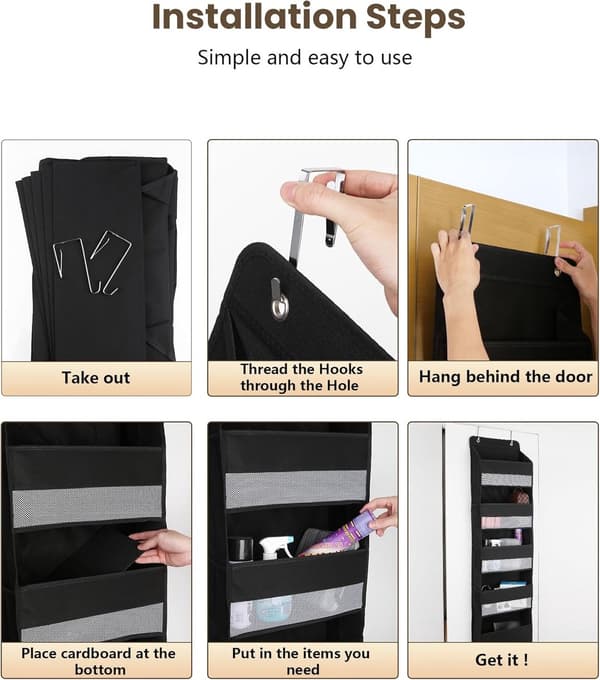 Over-the-Door Organizer, 5 Tiers with 11 Pockets, Hanging Storage, Black, 1 Piece
