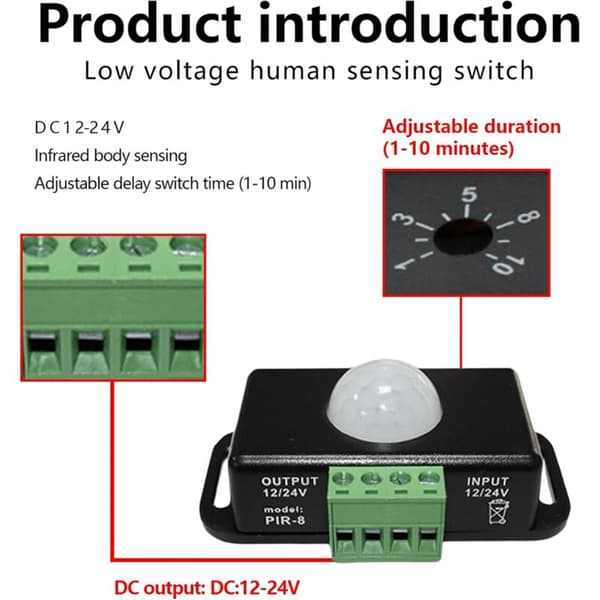 DC 12V/24V LED Bevegelsessensor, Bevegelsessensor Kropp, PIR Infrarød Bevegelsessensor Bryter, Trådløs Lyspære Automatisk Dimmer