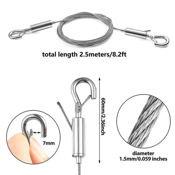 2 stk. Justerbar Billedophængstråd - 1m x 1,5mm Kraftigt Rustfrit Stål Kit til Spejle, Lamper, Skilte og Mere
