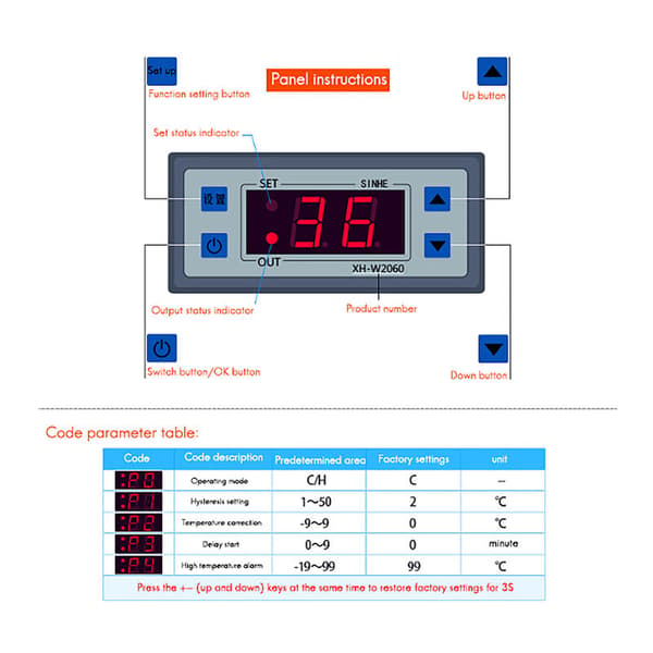 Computer Digital Thermostat XH-W2060 Built-in Digital Display Thermostat 12V for Refrigerator Freezer Cold Storage