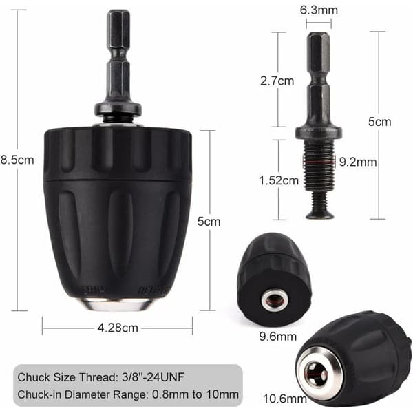 0,8-10 mm 3/8\"-24UNF Keyless Drill Chuck med 1/4\" Hex Shank Borrtillbehör