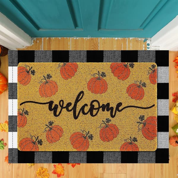 2 stk. høstdørmattesett, gresskar velkomstmatte, svart hvit rutete