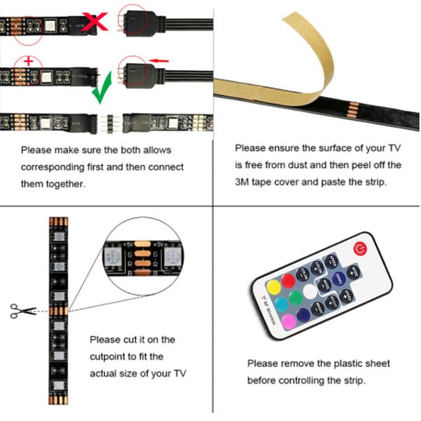 1 Flexible LED Strip 5050 USB RGB TV LED Backlight Strip with 17-Key RGB RF Remote Control 2M Waterproof