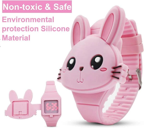Söt Digital Barnklocka, Söt Kaninformad Flickklocka LED Mode Silikon Djurform Clamshell Design Armbandsur Flicka Bästa Presenter Rosa